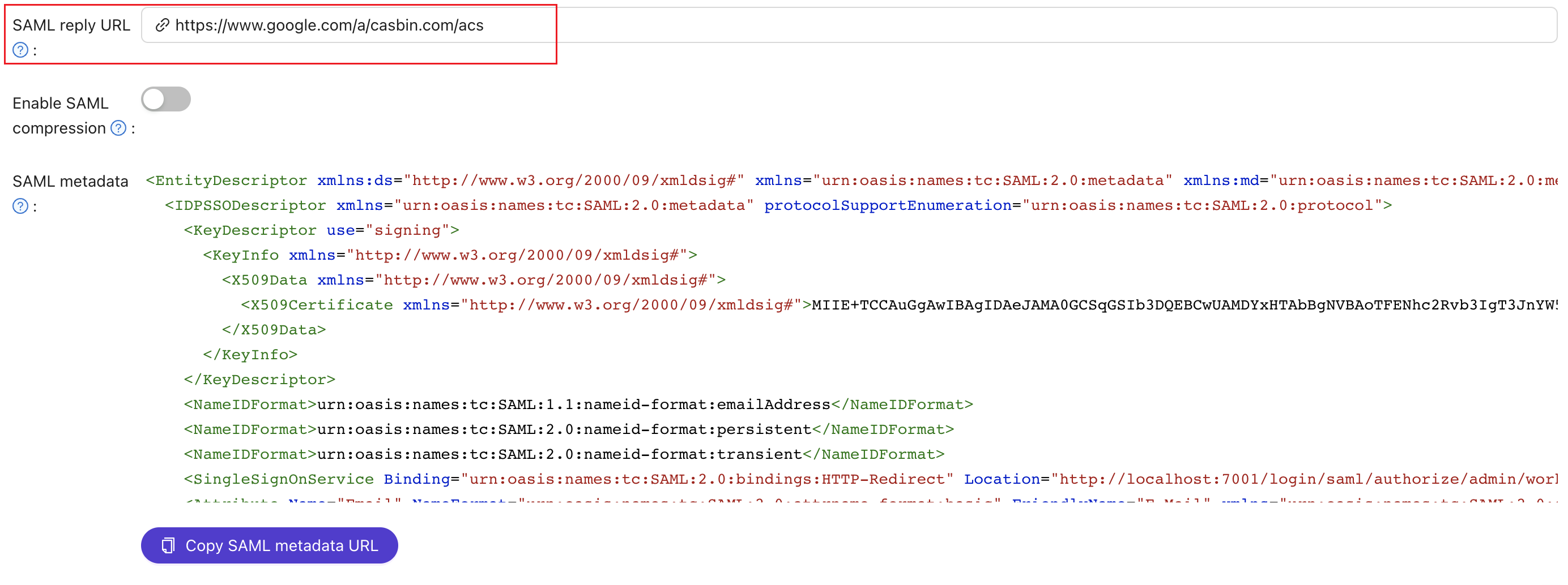 Enter the SAML reply URL field